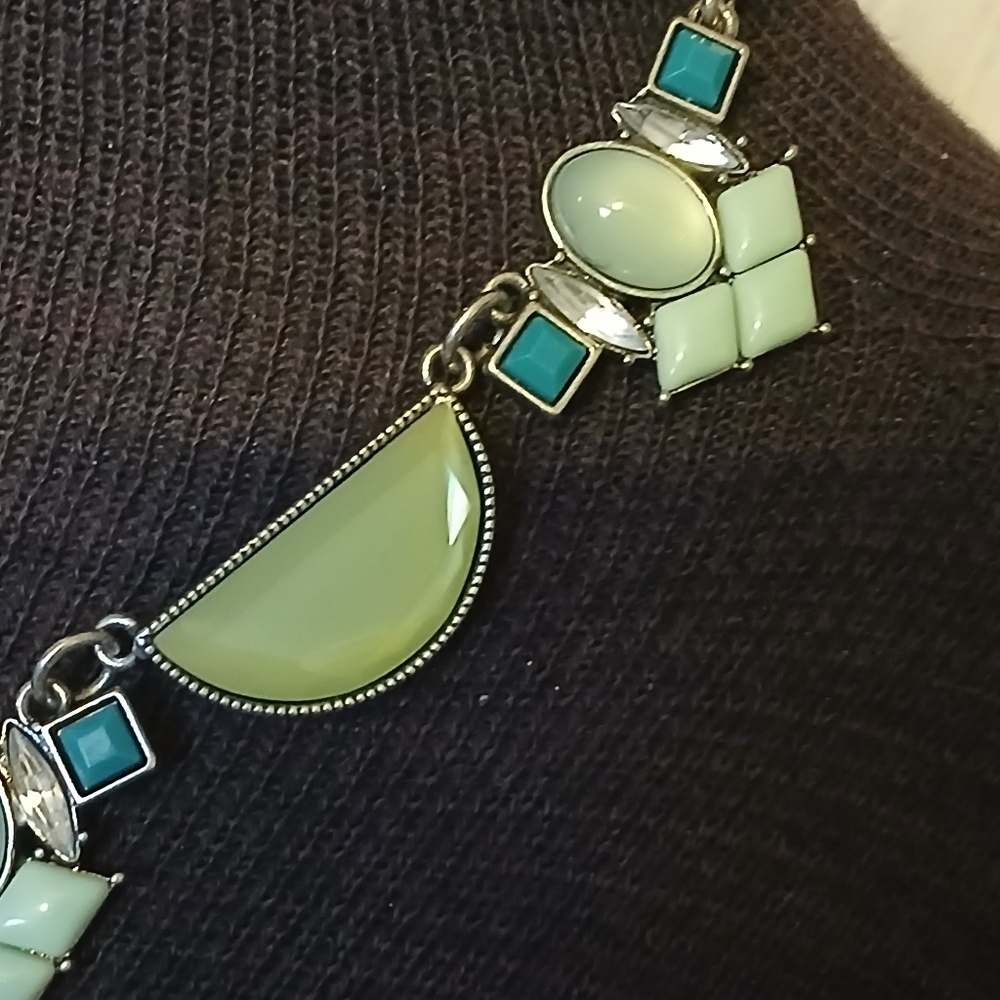 Lia Sophia silvertone geometric necklace with turquoise and green stones - Picture 3 of 9